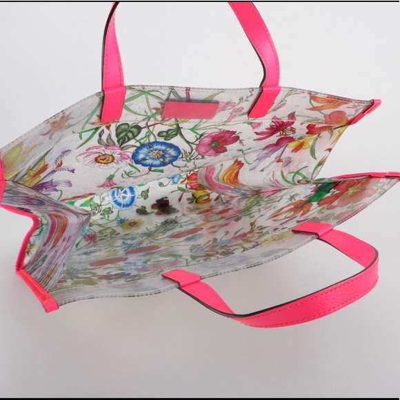 Gucci Tote Bag In Translucent Flora Print with Pink Trim - Picture 5 of 12